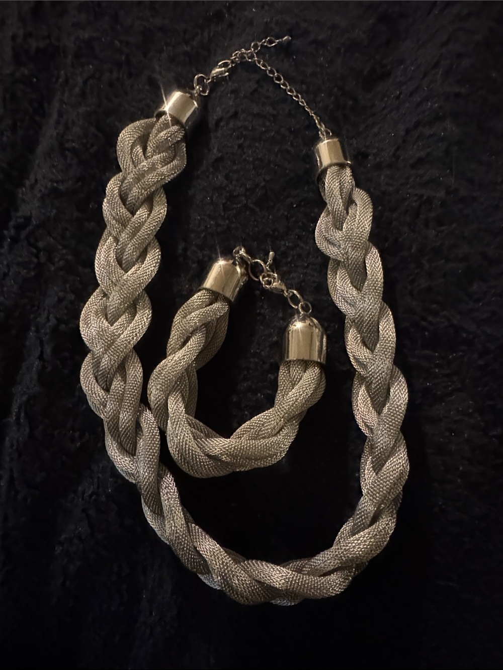 Silver Braided Statement Necklace and Bracelet Set